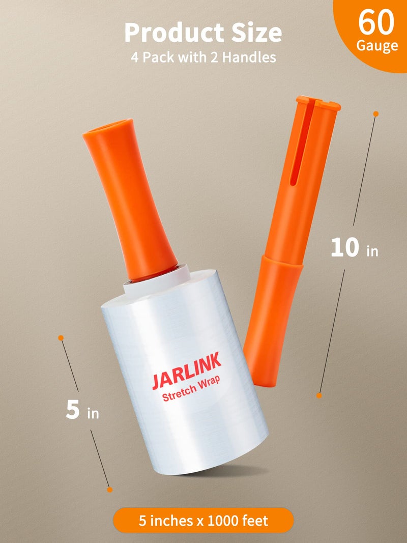 JARLINK 4 Pack Plastic Film Roll with Plastic Handles, 60 Gauge Thick, 5"" x 1000ft Plastic Pallet Film, Industrial Strength Stretch up to 500% Stretch for Moving, Packing, Wrapping, and Shipping - Image 2